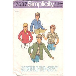 Vintage Sewing PATTERN Simplicity 7637, Simple to Sew Boys 1976 Unlined Shirt
